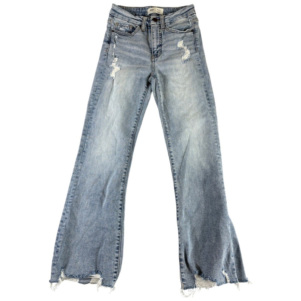 BKE Billie Jeans Women 25x27 Light Blue Distressed Slim Bootcut Raw Hem Flare